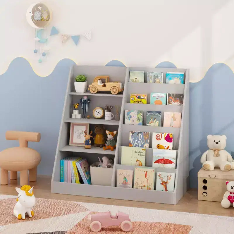 Bibliothèque pour enfants 4 niveaux multifonctionnelle avec rangement pour jouets, étagère en bois pour chambre d'enfant, salle de jeux, avec présentoir