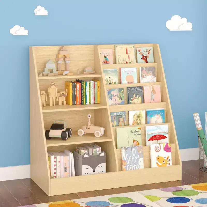 Bibliothèque pour enfants 4 niveaux multifonctionnelle avec rangement pour jouets, étagère en bois pour chambre d'enfant, salle de jeux, avec présentoir