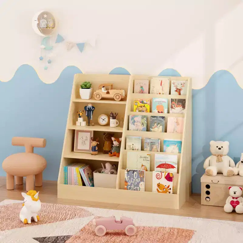 Bibliothèque pour enfants 4 niveaux multifonctionnelle avec rangement pour jouets, étagère en bois pour chambre d'enfant, salle de jeux, avec présentoir