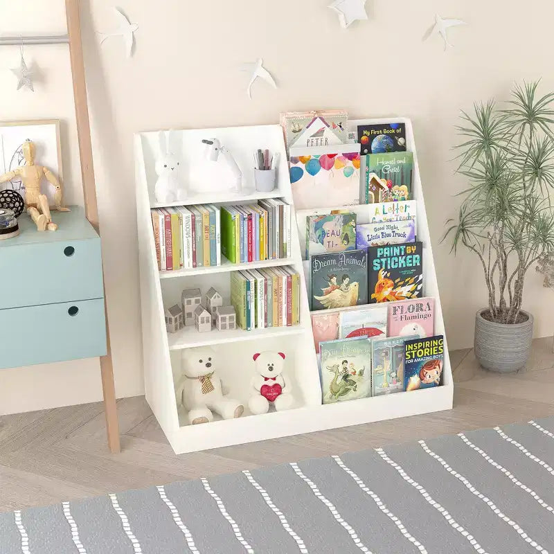 Bibliothèque pour enfants 4 niveaux multifonctionnelle avec rangement pour jouets, étagère en bois pour chambre d'enfant, salle de jeux, avec présentoir