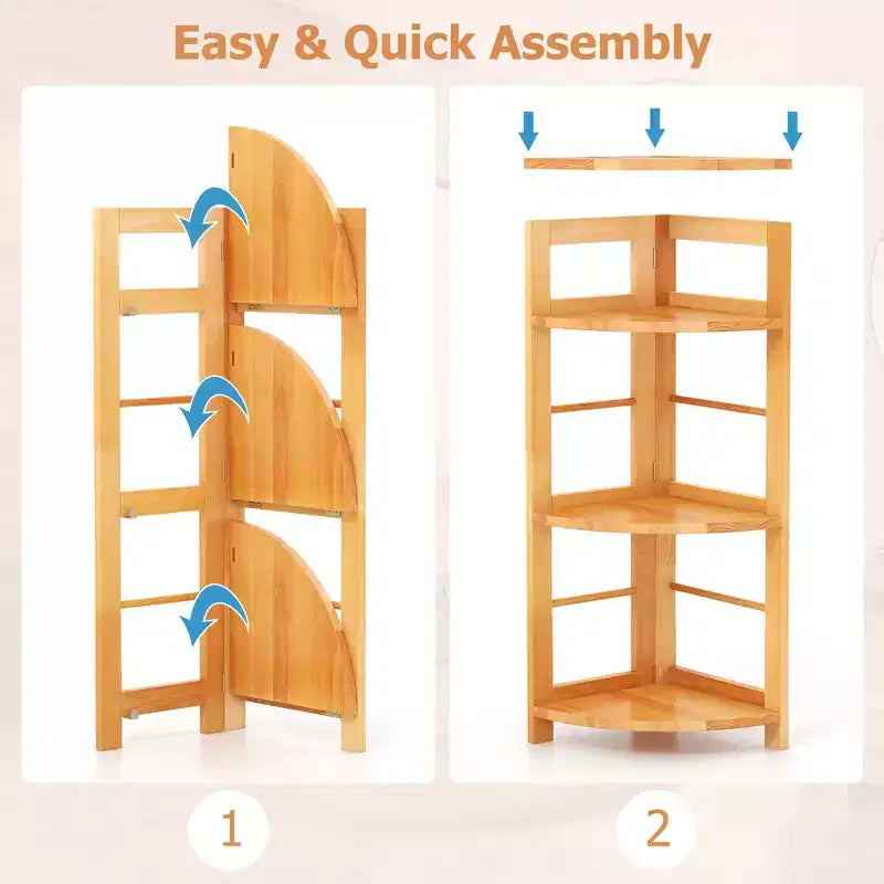 Étagère d'angle à 4 niveaux avec cadre en bois d'hévéa, kit anti-basculement, bureau à domicile, naturel