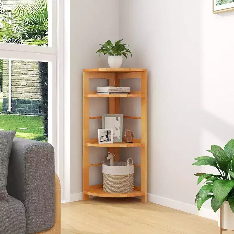 Étagère d'angle à 4 niveaux avec cadre en bois d'hévéa, kit anti-basculement, bureau à domicile, naturel