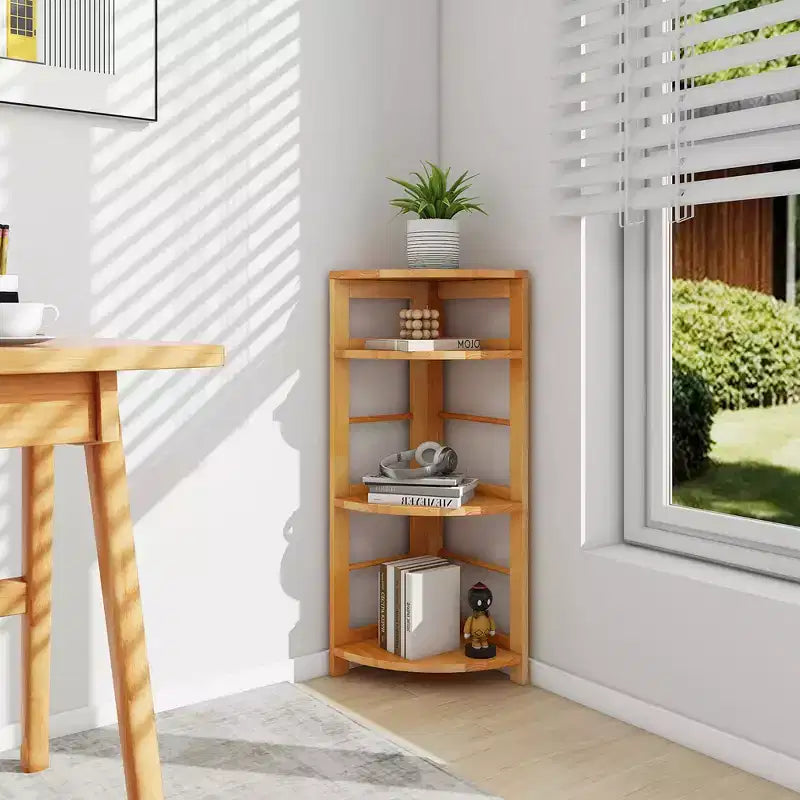 Étagère d'angle à 4 niveaux avec cadre en bois d'hévéa, kit anti-basculement, bureau à domicile, naturel