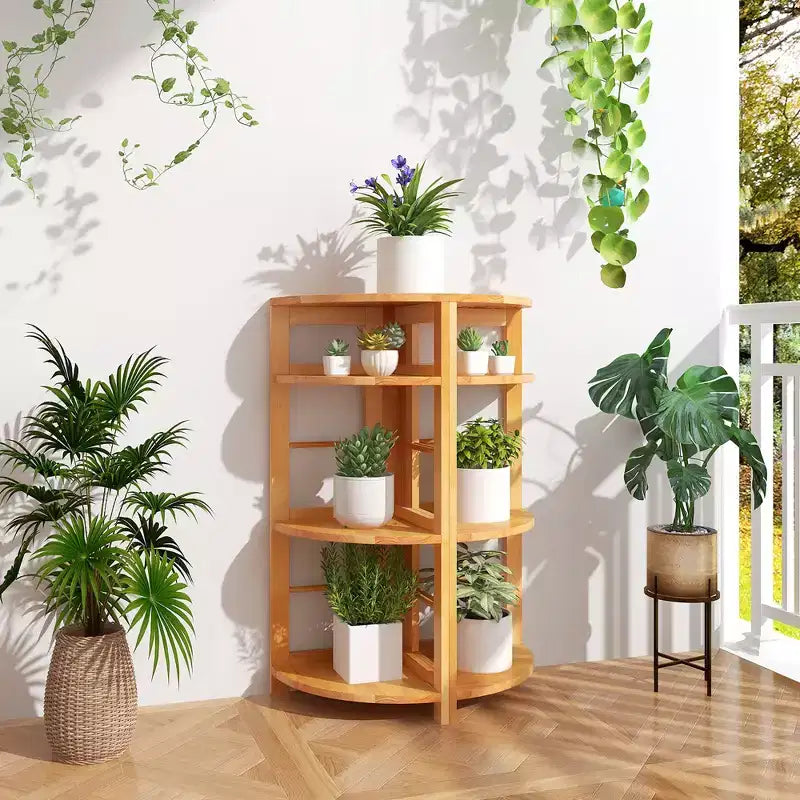 Étagère d'angle à 4 niveaux avec cadre en bois d'hévéa, kit anti-basculement, bureau à domicile, naturel