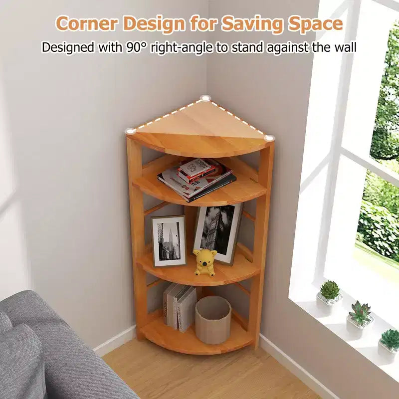 Étagère d'angle à 4 niveaux avec cadre en bois d'hévéa, kit anti-basculement, bureau à domicile, naturel