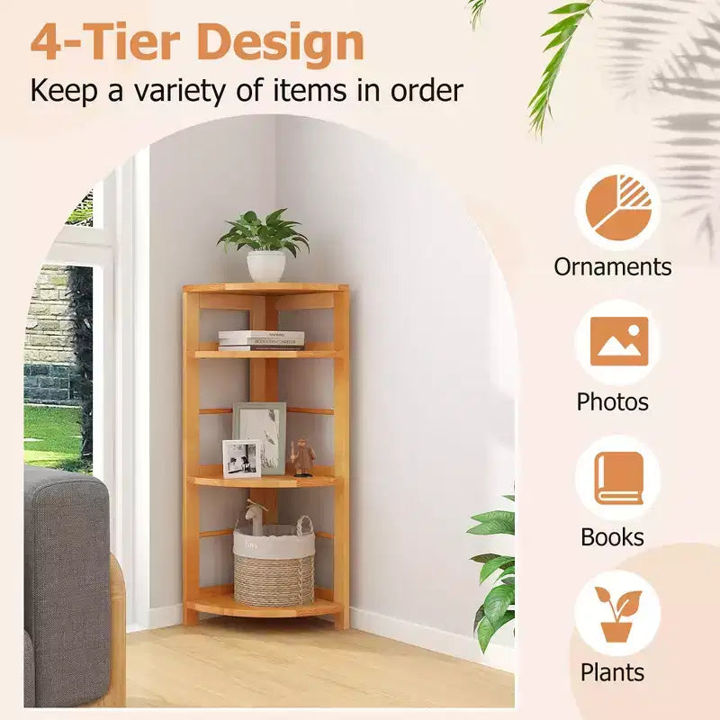 Étagère d'angle à 4 niveaux avec cadre en bois d'hévéa, kit anti-basculement, bureau à domicile, naturel