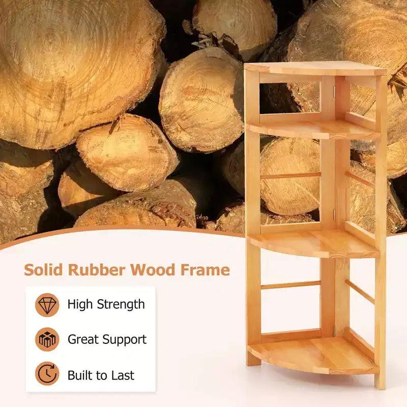 Étagère d'angle à 4 niveaux avec cadre en bois d'hévéa, kit anti-basculement, bureau à domicile, naturel