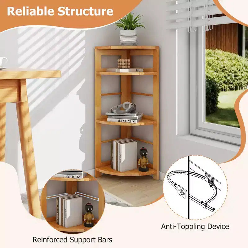 Étagère d'angle à 4 niveaux avec cadre en bois d'hévéa, kit anti-basculement, bureau à domicile, naturel