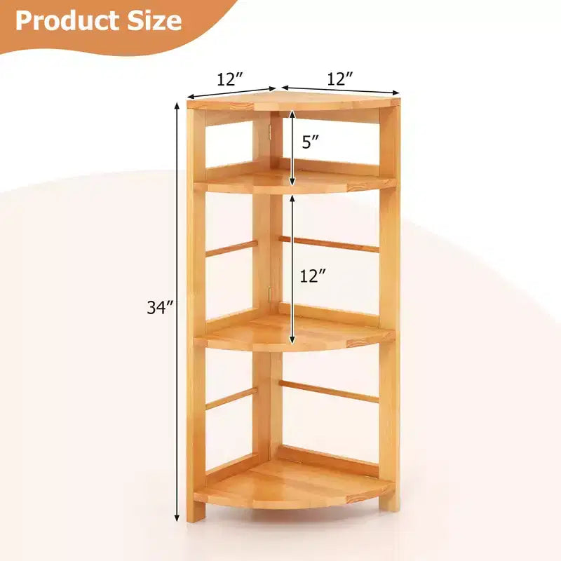Étagère d'angle à 4 niveaux avec cadre en bois d'hévéa, kit anti-basculement, bureau à domicile, naturel