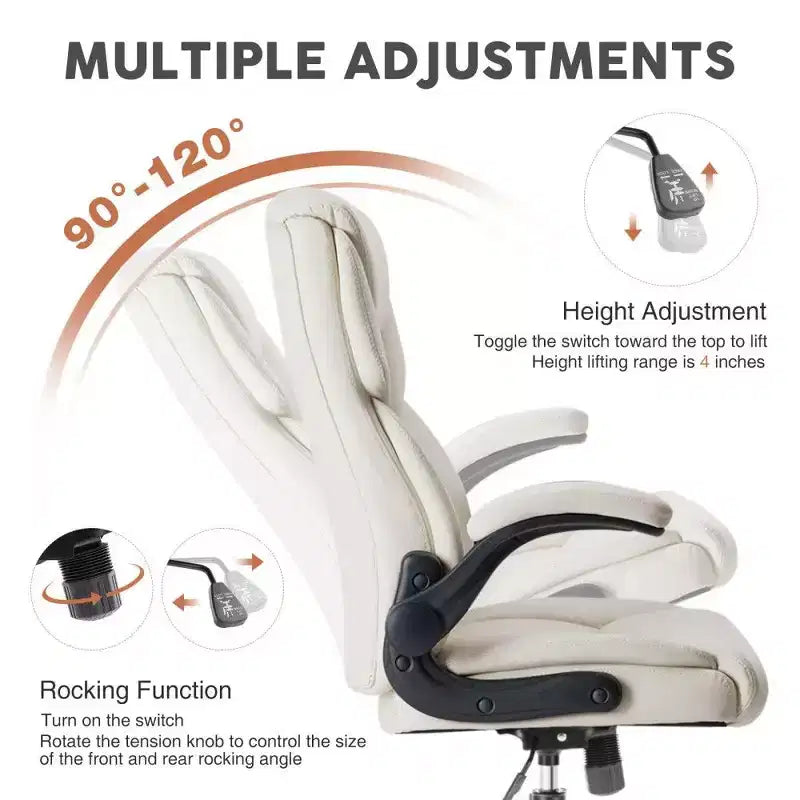 Chaise de bureau ergonomique en cuir PU, Chaise de bureau exécutive à dossier haut avec accoudoirs relevables et support lombaire dynamique, Capacité de 125 kg