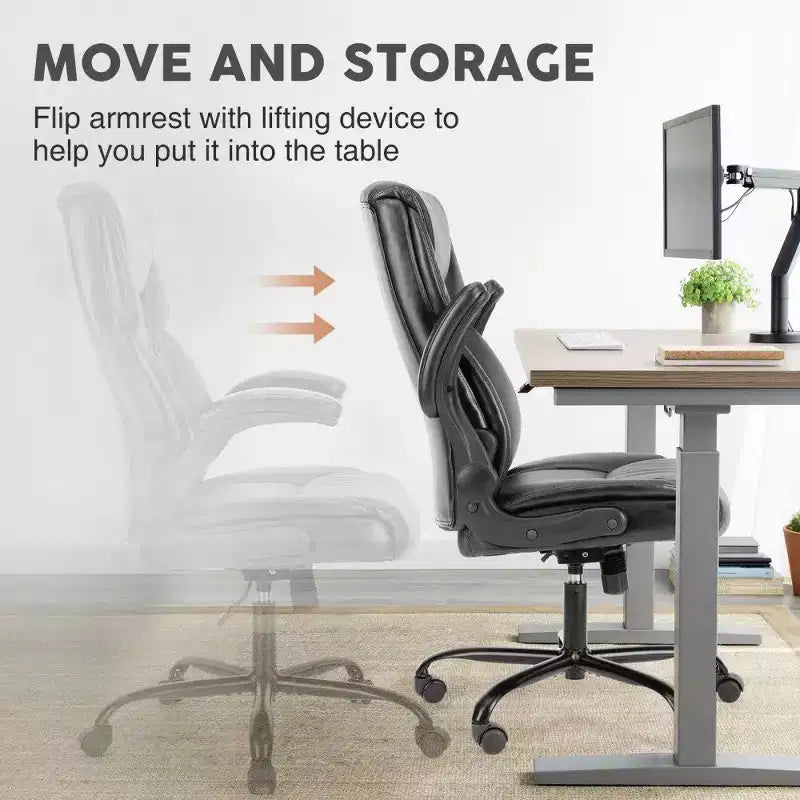 Chaise de bureau ergonomique en cuir PU, Chaise de bureau exécutive à dossier haut avec accoudoirs relevables et support lombaire dynamique, Capacité de 125 kg