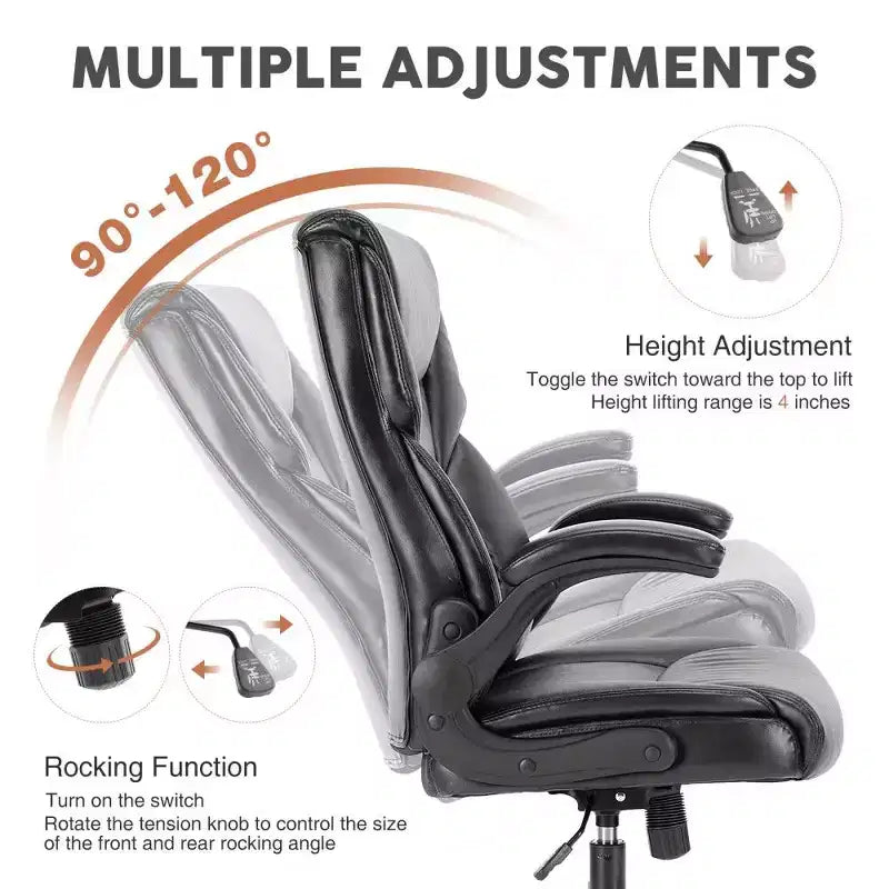 Chaise de bureau ergonomique en cuir PU, Chaise de bureau exécutive à dossier haut avec accoudoirs relevables et support lombaire dynamique, Capacité de 125 kg