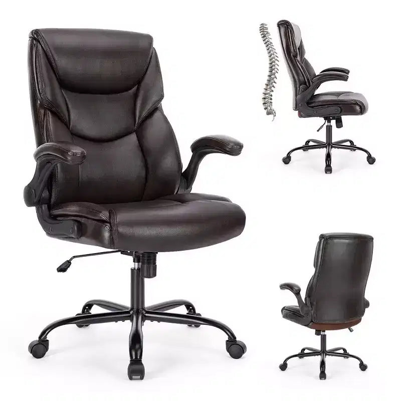 Chaise de bureau ergonomique en cuir PU, Chaise de bureau exécutive à dossier haut avec accoudoirs relevables et support lombaire dynamique, Capacité de 125 kg