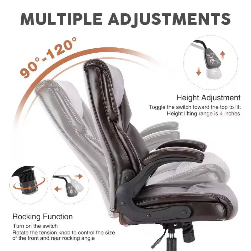 Chaise de bureau ergonomique en cuir PU, Chaise de bureau exécutive à dossier haut avec accoudoirs relevables et support lombaire dynamique, Capacité de 125 kg