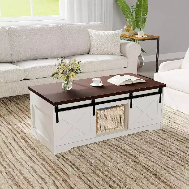 Table basse relevable de style campagnard avec vérin hydraulique réglable en hauteur, table d'appoint multifonctionnelle avec compartiment de rangement dissimulé