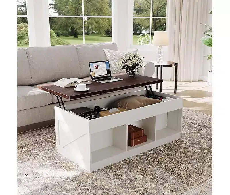 Table basse relevable de style campagnard avec vérin hydraulique réglable en hauteur, table d'appoint multifonctionnelle avec compartiment de rangement dissimulé
