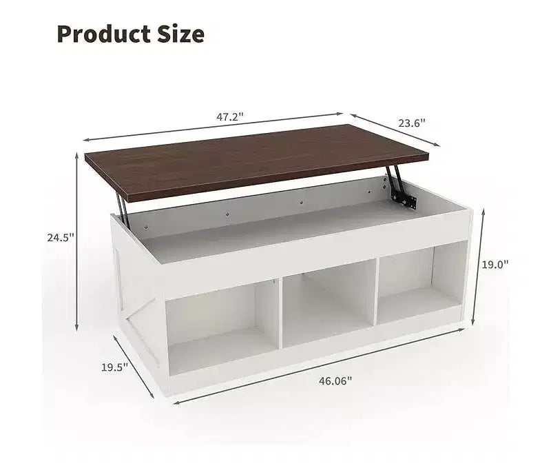 Table basse relevable de style campagnard avec vérin hydraulique réglable en hauteur, table d'appoint multifonctionnelle avec compartiment de rangement dissimulé