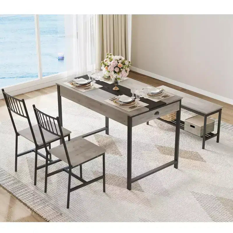 Petite table de cuisine et 2 chaises pour 4 avec banc, ensemble de table de cuisine peu encombrant avec étagère de rangement et tiroirs