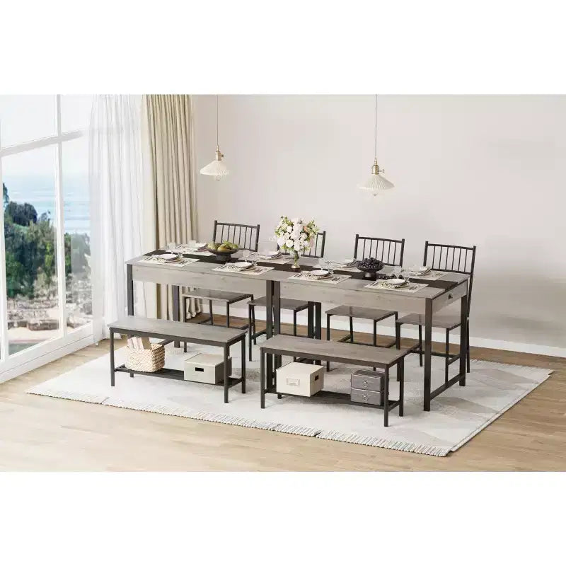 Petite table de cuisine et 2 chaises pour 4 avec banc, ensemble de table de cuisine peu encombrant avec étagère de rangement et tiroirs