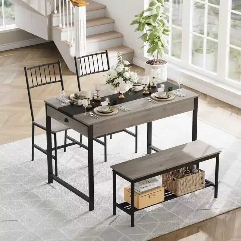 Petite table de cuisine et 2 chaises pour 4 avec banc, ensemble de table de cuisine peu encombrant avec étagère de rangement et tiroirs