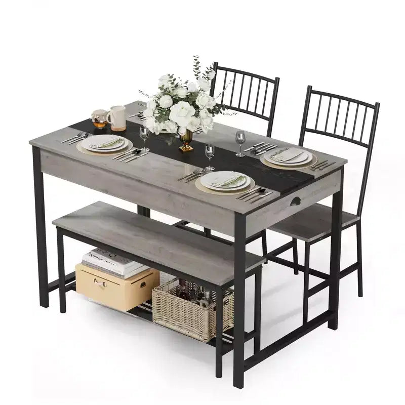Petite table de cuisine et 2 chaises pour 4 avec banc, ensemble de table de cuisine peu encombrant avec étagère de rangement et tiroirs