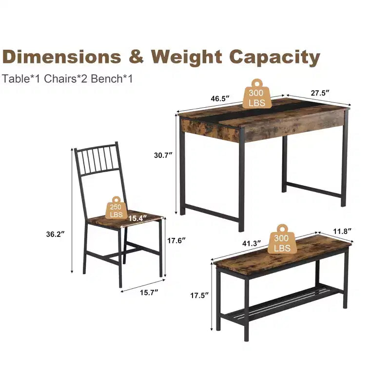 Petite table de cuisine et 2 chaises pour 4 avec banc, ensemble de table de cuisine peu encombrant avec étagère de rangement et tiroirs