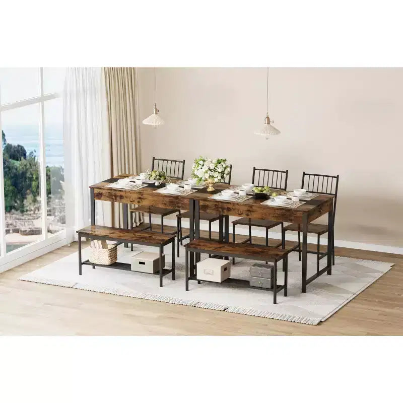 Petite table de cuisine et 2 chaises pour 4 avec banc, ensemble de table de cuisine peu encombrant avec étagère de rangement et tiroirs