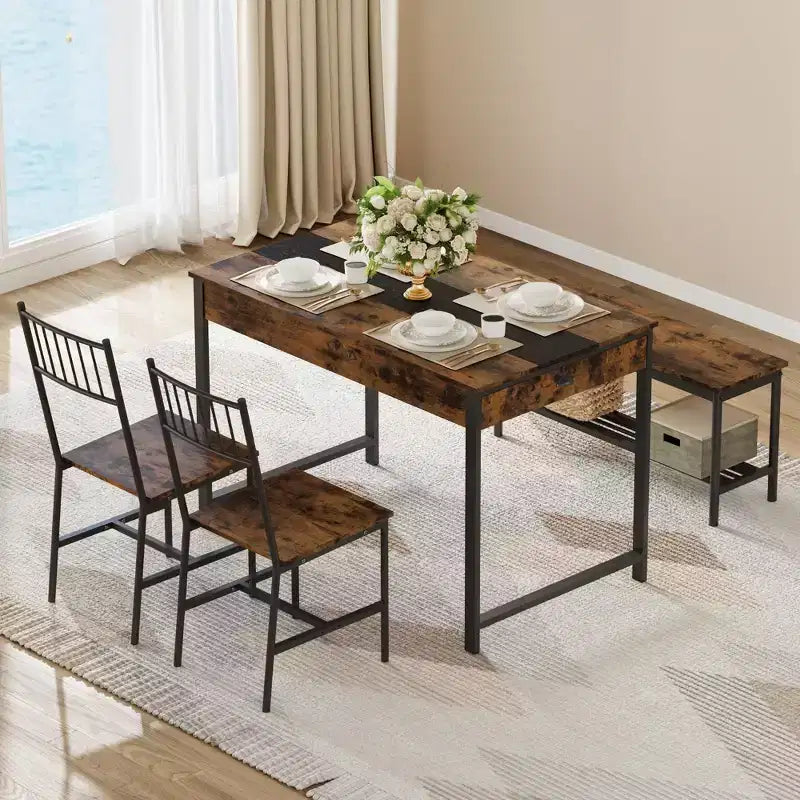 Petite table de cuisine et 2 chaises pour 4 avec banc, ensemble de table de cuisine peu encombrant avec étagère de rangement et tiroirs