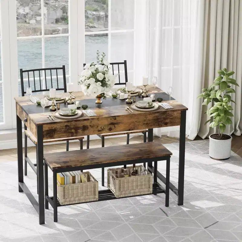 Petite table de cuisine et 2 chaises pour 4 avec banc, ensemble de table de cuisine peu encombrant avec étagère de rangement et tiroirs