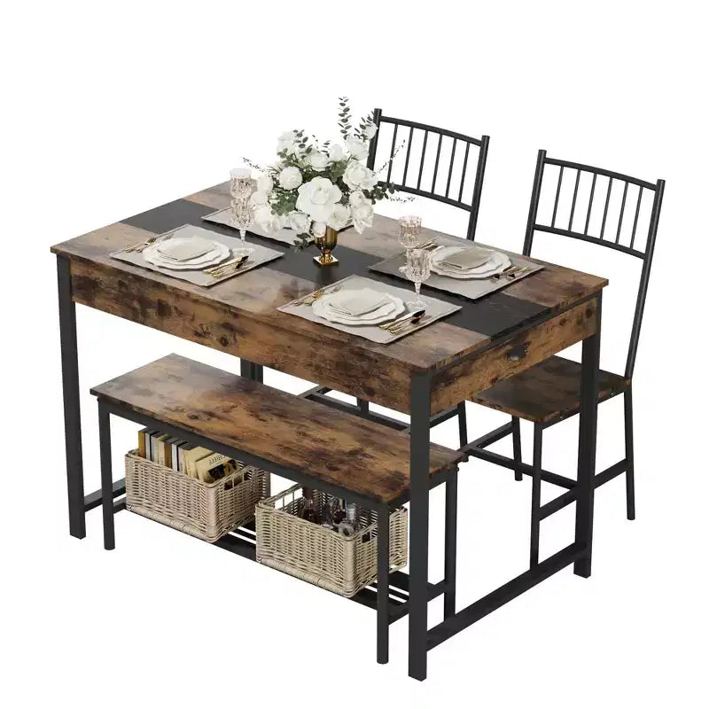 Petite table de cuisine et 2 chaises pour 4 avec banc, ensemble de table de cuisine peu encombrant avec étagère de rangement et tiroirs
