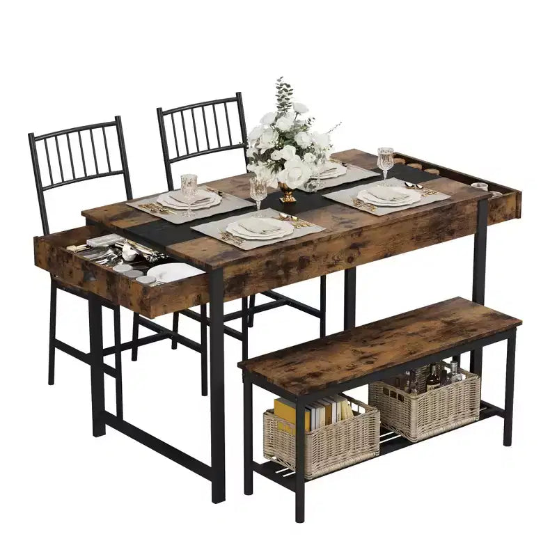 Small Kitchen Table and 2 Chairs for 4 with Bench, Space Saving Kitchen Table Set with Storage Rack and Drawers