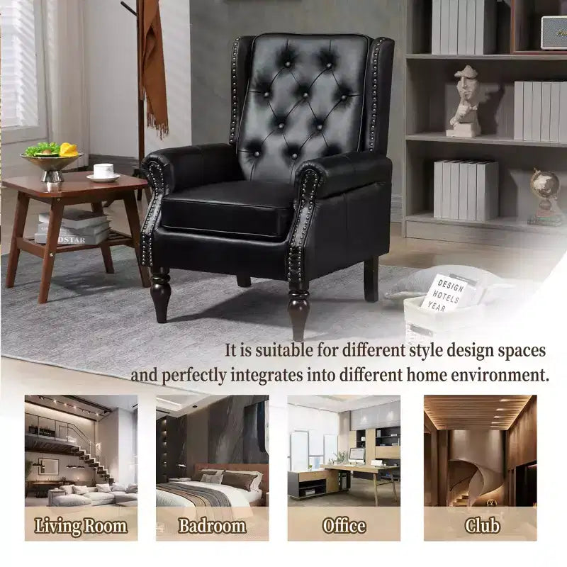 Fauteuil à cadre en bois, pieds en bois robustes, salon chambre à coucher, PU noir