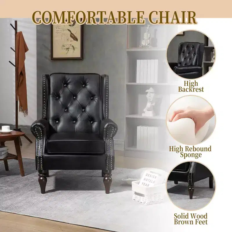 Fauteuil à cadre en bois, pieds en bois robustes, salon chambre à coucher, PU noir