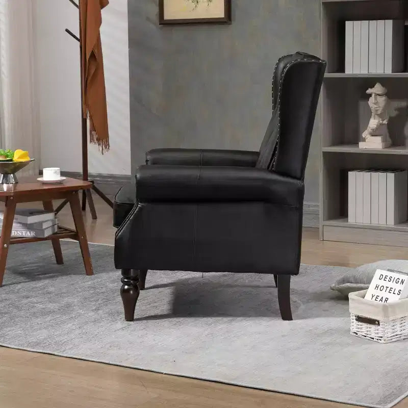 Fauteuil à cadre en bois, pieds en bois robustes, salon chambre à coucher, PU noir