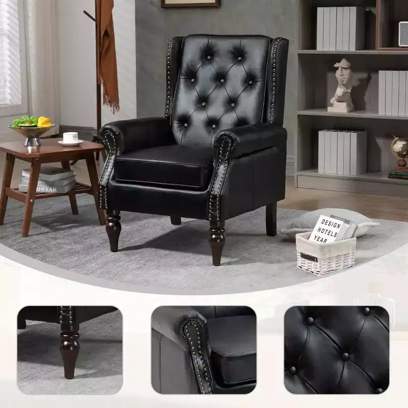Fauteuil à cadre en bois, pieds en bois robustes, salon chambre à coucher, PU noir