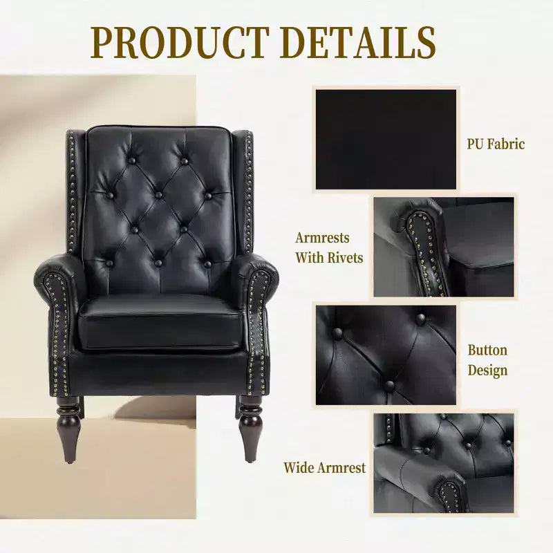 Fauteuil à cadre en bois, pieds en bois robustes, salon chambre à coucher, PU noir