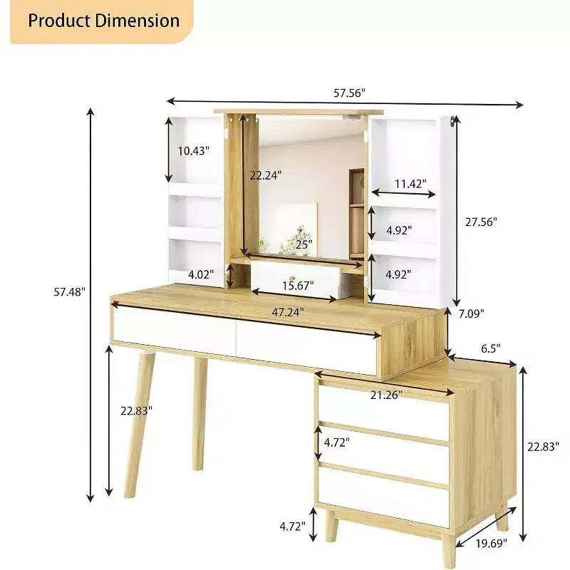 Coiffeuse avec miroir, 6 tiroirs, armoire de rangement et tabouret, moderne blanche et chêne pour chambre à coucher