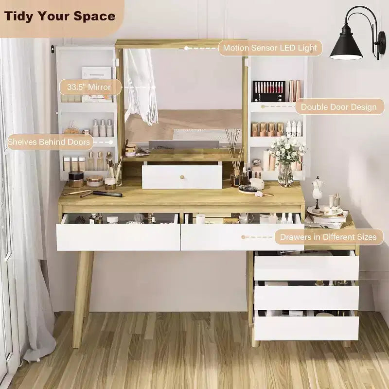 Coiffeuse avec miroir, 6 tiroirs, armoire de rangement et tabouret, moderne blanche et chêne pour chambre à coucher