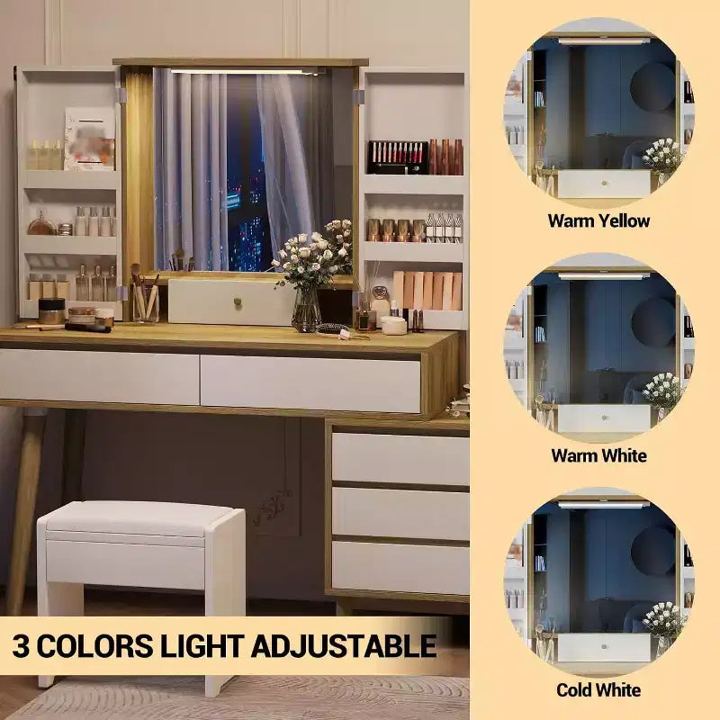 Coiffeuse avec miroir, 6 tiroirs, armoire de rangement et tabouret, moderne blanche et chêne pour chambre à coucher