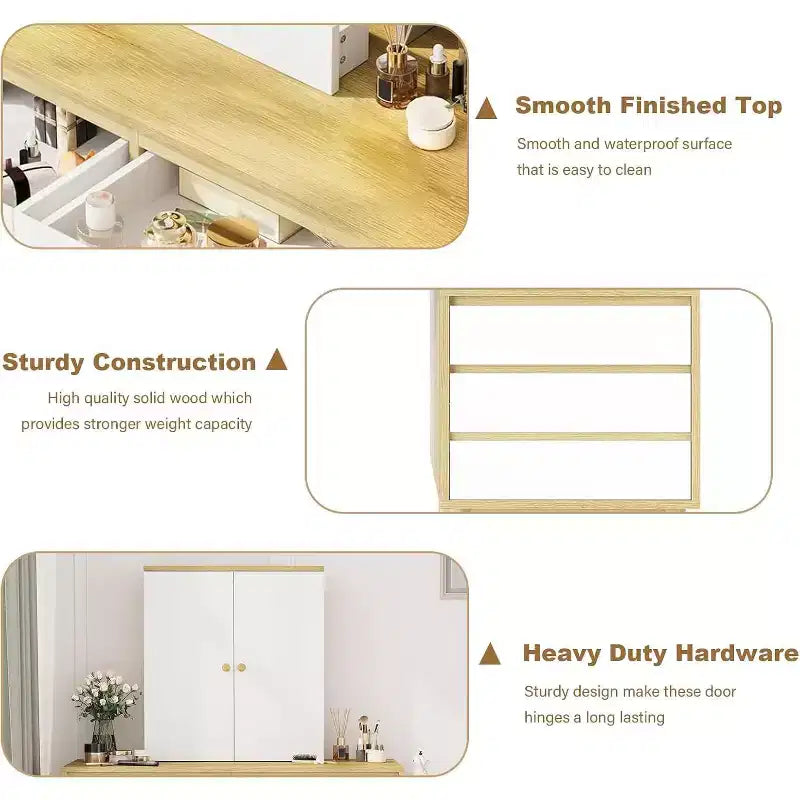 Coiffeuse avec miroir, 6 tiroirs, armoire de rangement et tabouret, moderne blanche et chêne pour chambre à coucher