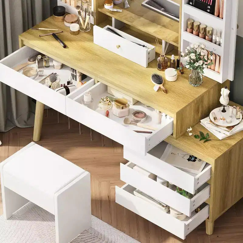 Coiffeuse avec miroir, 6 tiroirs, armoire de rangement et tabouret, moderne blanche et chêne pour chambre à coucher