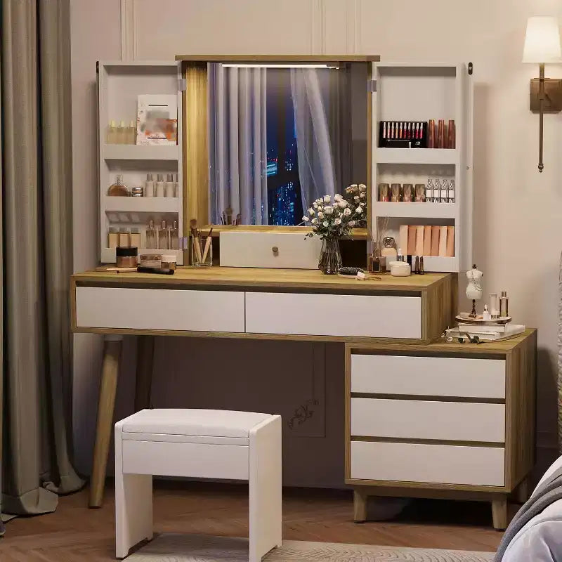 Coiffeuse avec miroir, 6 tiroirs, armoire de rangement et tabouret, moderne blanche et chêne pour chambre à coucher