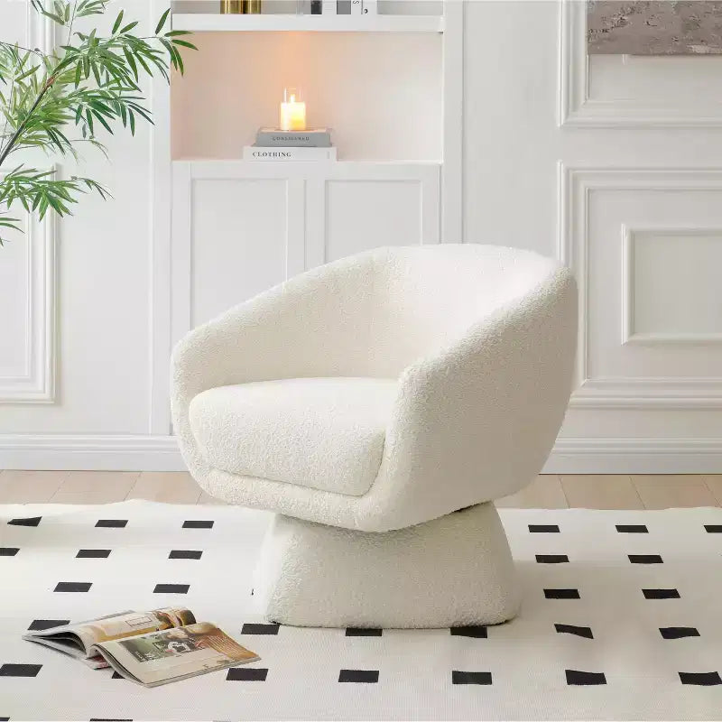Fauteuil d'appoint en bouclé blanc, fauteuil de loisirs avec assise élargie, base carrée, cadre en bois massif, chaise de lecture pour salon, chambre à coucher