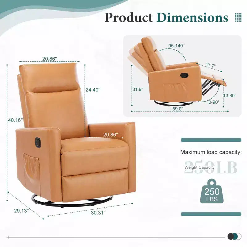 Fauteuil inclinable pivotant, fauteuil de nurserie planeur avec repose-pieds extra large, dossier haut, siège profond, fauteuil d'appoint marron pour salon, chambre d'enfant, chambre à coucher
