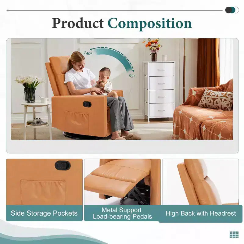 Fauteuil inclinable pivotant, fauteuil de nurserie planeur avec repose-pieds extra large, dossier haut, siège profond, fauteuil d'appoint marron pour salon, chambre d'enfant, chambre à coucher