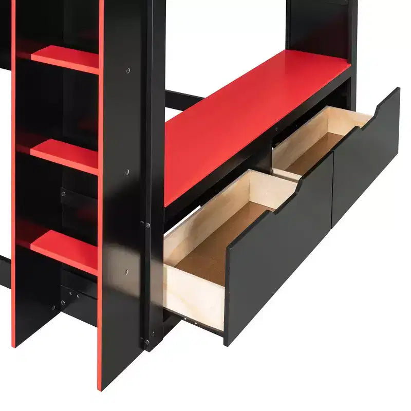 Lit mezzanine avec bureau réglable en hauteur, lumières RVB et rangements, lit pleine grandeur peu encombrant