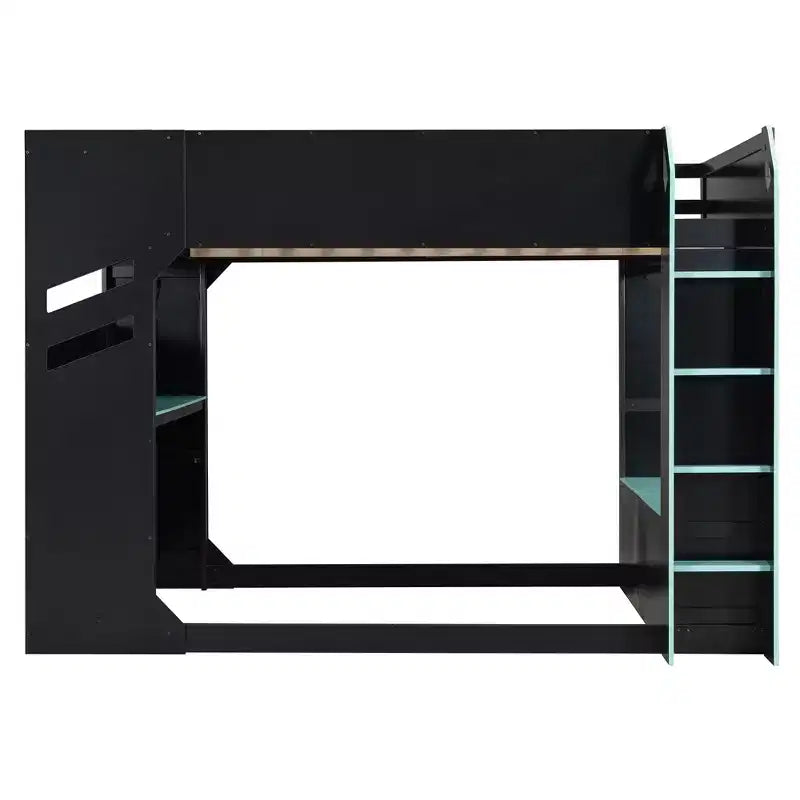 Lit mezzanine avec bureau réglable en hauteur, lumières RVB et rangements, lit pleine grandeur peu encombrant