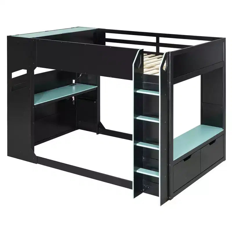 Lit mezzanine avec bureau réglable en hauteur, lumières RVB et rangements, lit pleine grandeur peu encombrant