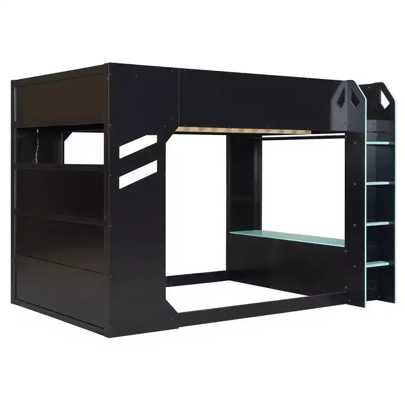 Lit mezzanine avec bureau réglable en hauteur, lumières RVB et rangements, lit pleine grandeur peu encombrant