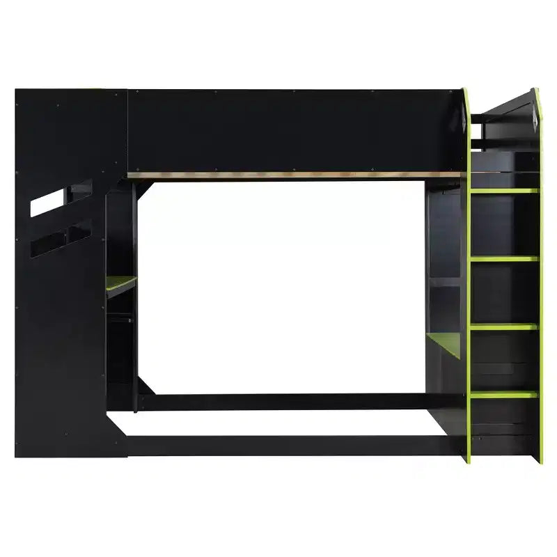Lit mezzanine avec bureau réglable en hauteur, lumières RVB et rangements, lit pleine grandeur peu encombrant